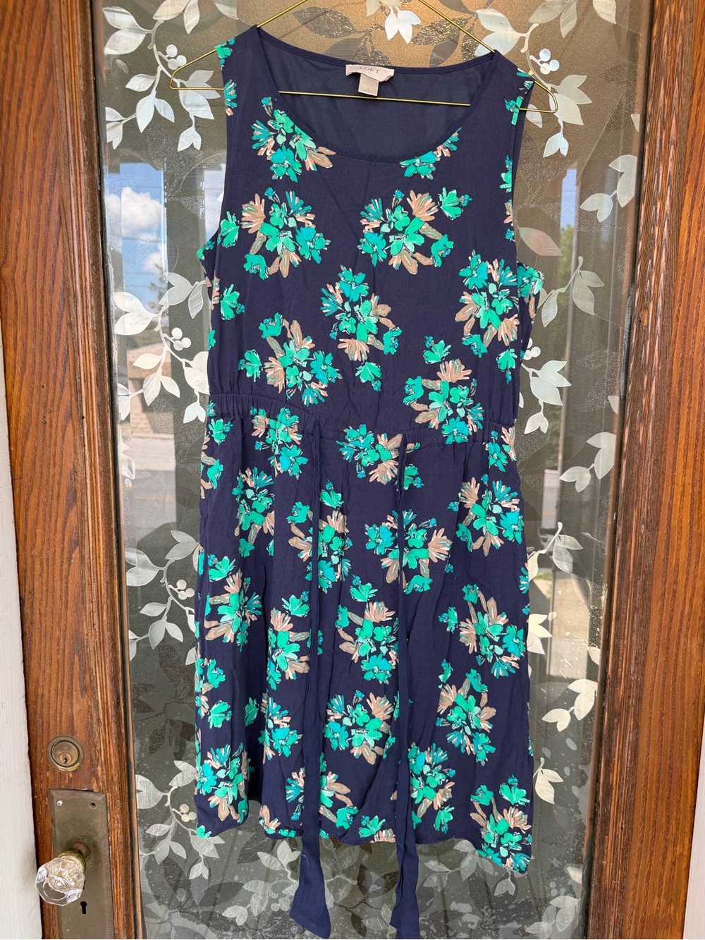 Loft Sleeveless Navy Floral Dress with Green Print with ties GUC size S GUC